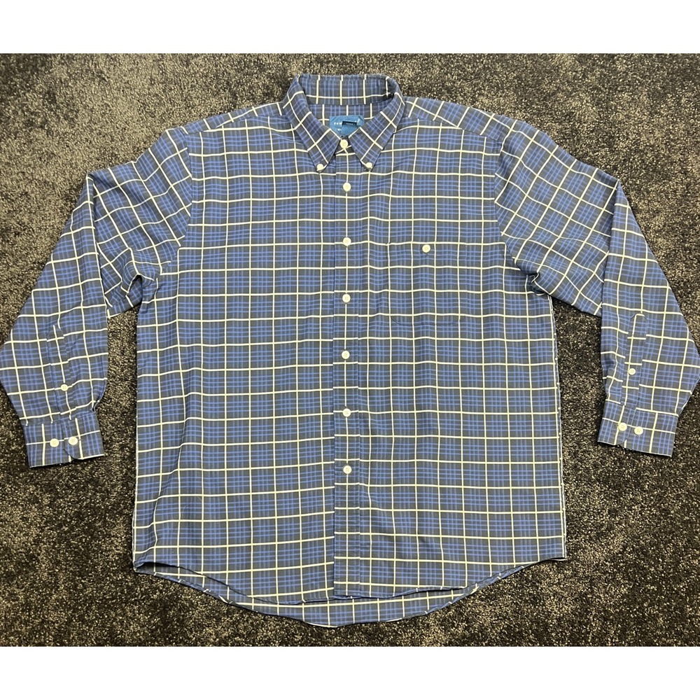VTG 80s Towncraft Mens L Wrinkle Free Blue Plaid Long Sleeve Button‎ Down Shirt